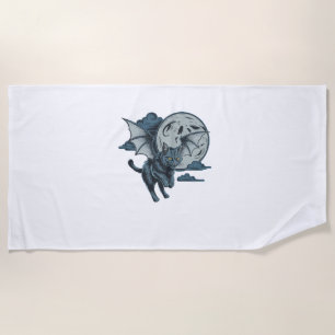 Bat-Winged Cat Scary Halloween Full Moon  Beach Towel