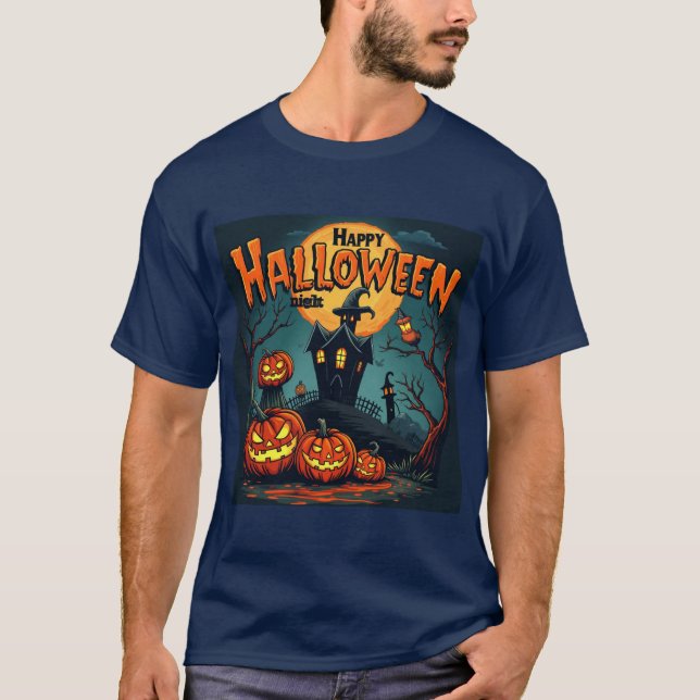 Bat-Winged Halloween Cat: Spooky Pumpkins & Mischi T-Shirt (Front)