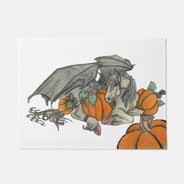 Bat winged Unicorn protecting a pumpkin patch Doormat (Front)