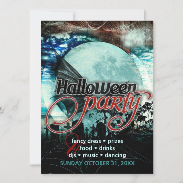 Bat Wings Moon Cemetery Halloween Party Invitation (Front)