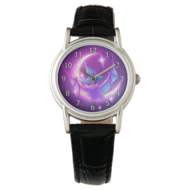 Bat Witch Crescent Moon Stars Art Watch (Front)