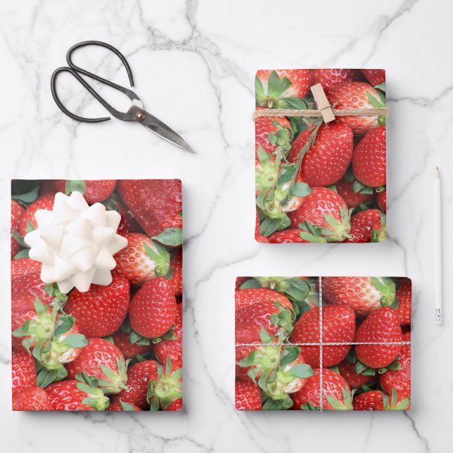 Batch of Red Juicy Strawberries Wrapping Paper Sheet (Front)