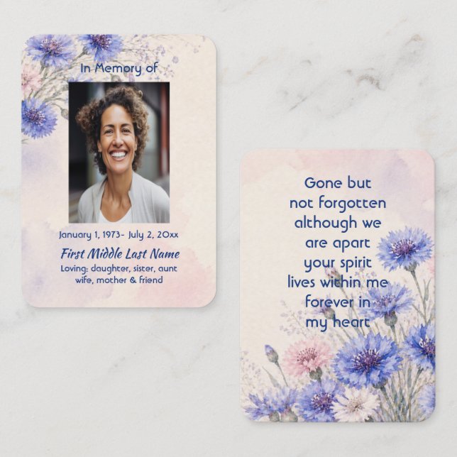 Batchelor Button Blue  Memorial Prayer Keepsake Business Card (Front/Back)