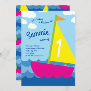 Bateau à voile coloré 1er anniversaire Invitations