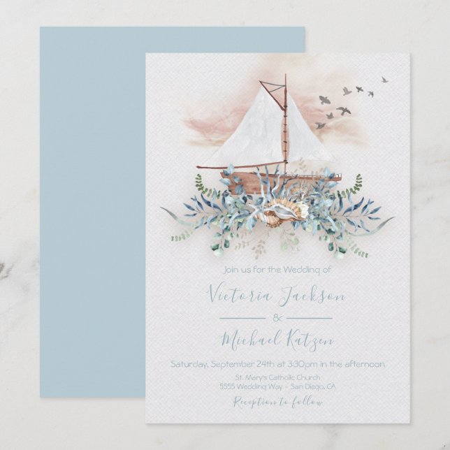Bateau à voile Nautique invitations de mariage (Devant / Derrière)