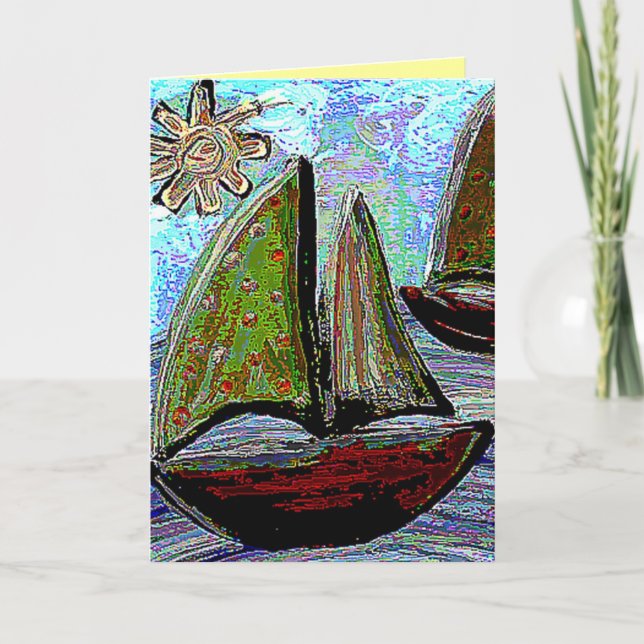 BATEAU À VOILE, SOLEIL & MER - carte de voeux pour (Devant)