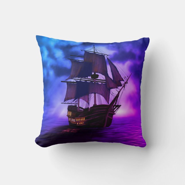 Bateau pirate bleu et violet coussin mer nautique (Recto)
