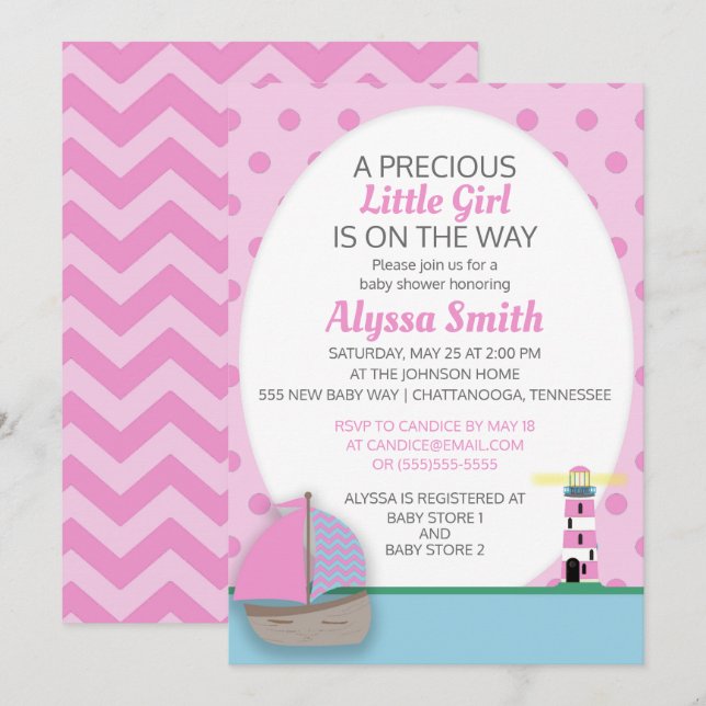 Bateau rose et phare bébé fille Invitation douche (Devant / Derrière)