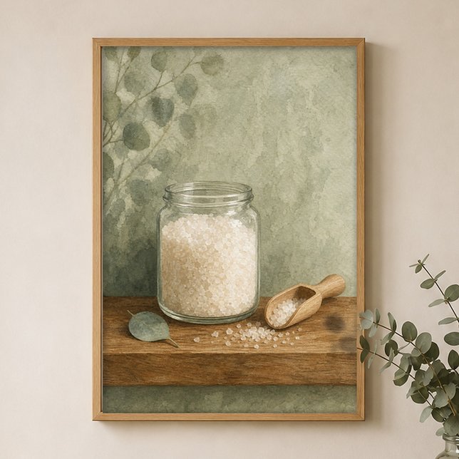 Bath Salts Jar and Scoop Watercolour Poster (Shown framed for scale. Poster ships unframed; frames are an optional add-on.)