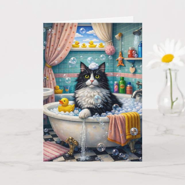 Bath Time , Cat Greeting Card (Small Plant)