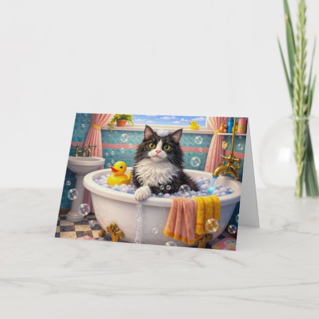 Bath Time , Cat Greeting Card (Front)