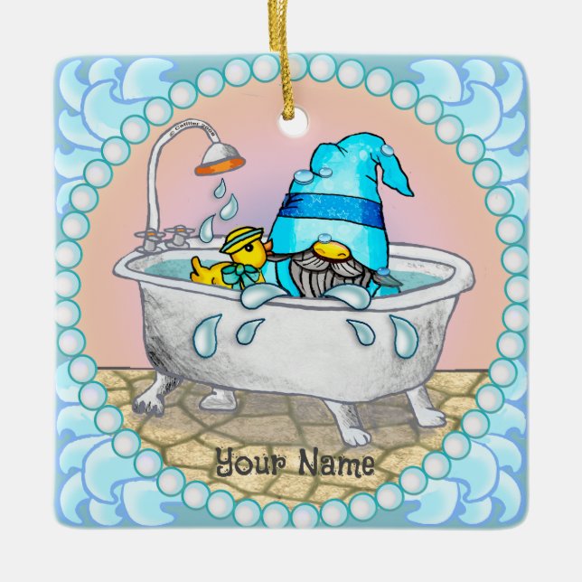 Bath time gnome  ceramic ornament (Front)