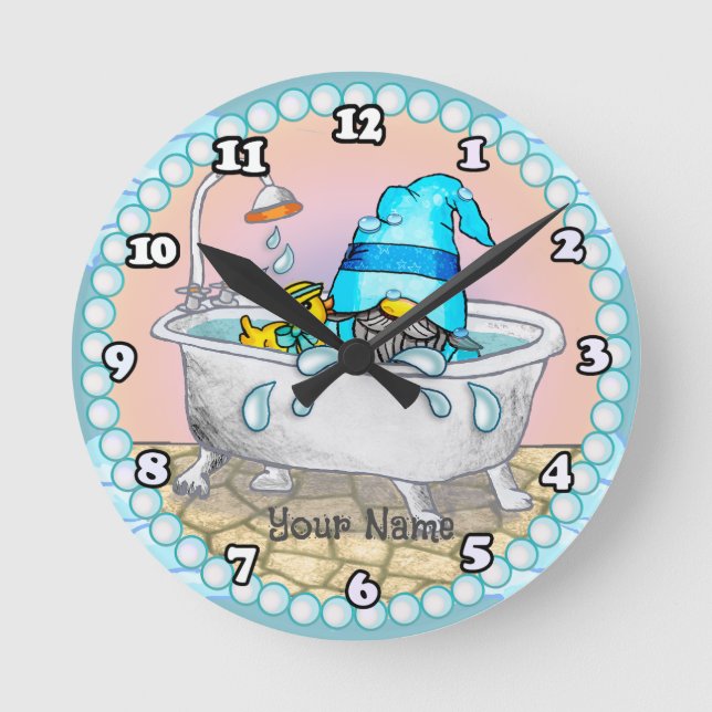Bath time gnome  round clock (Front)