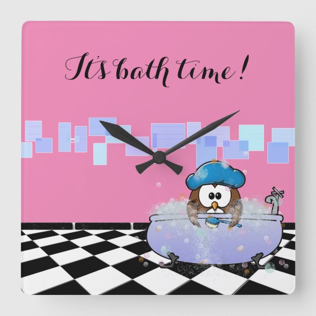 bath time owl square wall clock (Front)