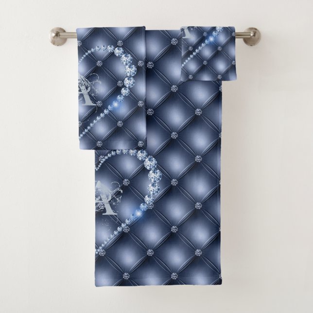 Bath Towel Set Blue Diamonds Personalization (Insitu)
