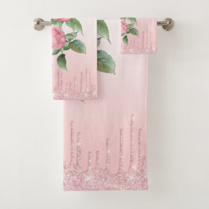 Bath Towel Set Pink Roses and Glitter