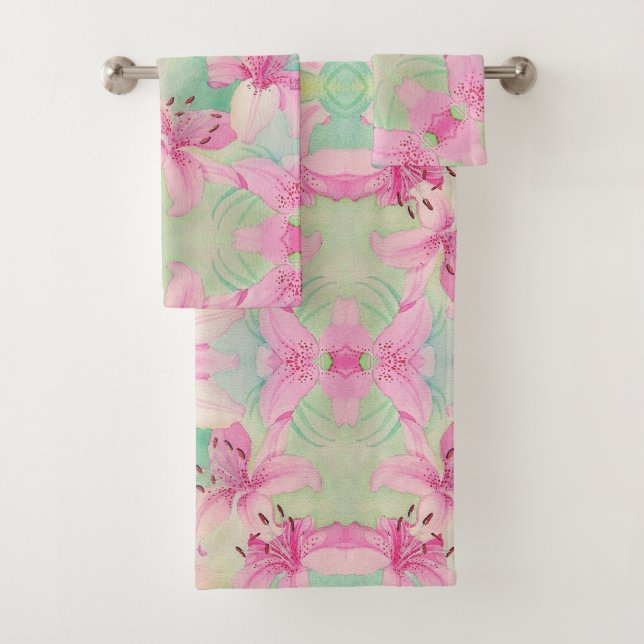 Bath Towel Set - Pink Watercolor Lilies (Insitu)