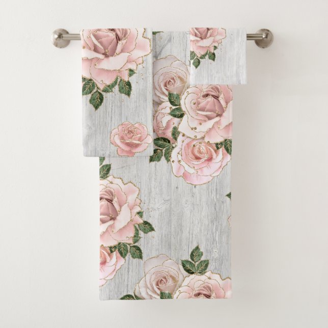 Bath Towel Set Rustic Blush Roses and Glitter (Insitu)
