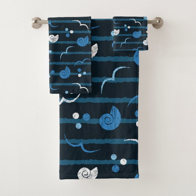 Bath towel set seagulls, shells, dots sea design (Insitu)