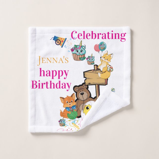 Bath Towel Sets, Happy Birthday Fox Cat Bird Chick (Wash Cloth)