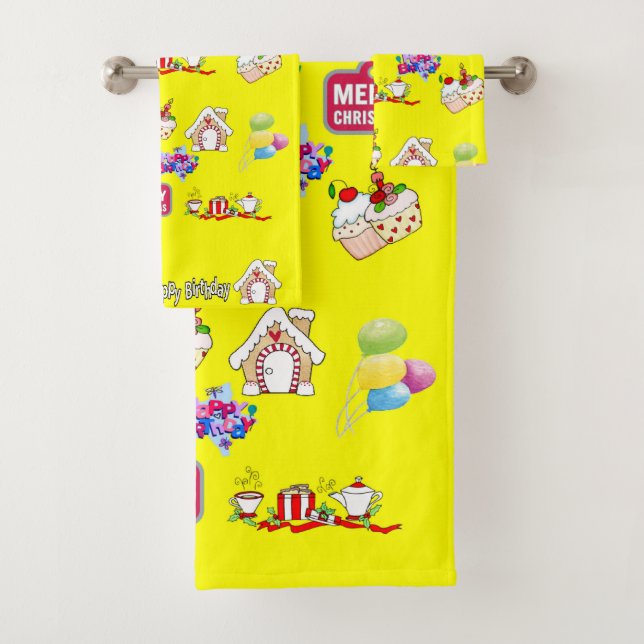 Bath Towel Sets, Happy Birthday Merry Christmas  (Insitu)