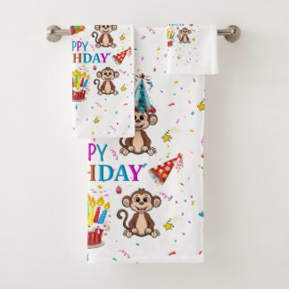 Bath Towel Sets, Happy Birthday Monkey Cupcake
