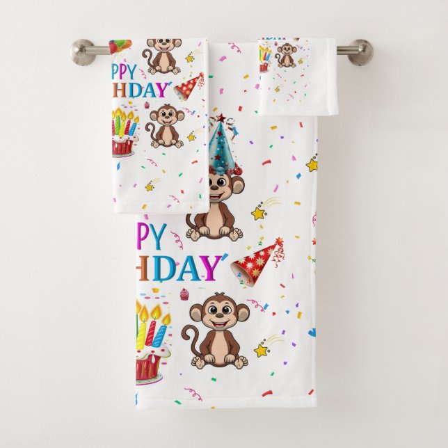 Bath Towel Sets, Happy Birthday Monkey Cupcake (Insitu)