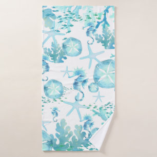 Bath Towel Teal Blue Seahorse Sanddollar Seashell 