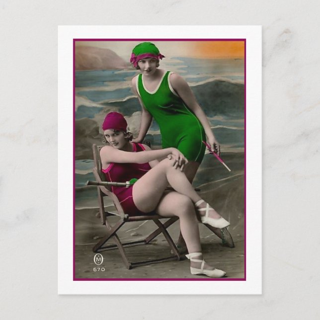 Bathing Beauties in green and raspberry suits Postcard (Front)