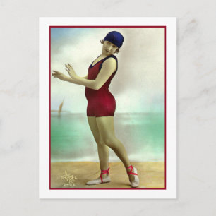 Bathing Beauty in deep cranberry bathing suit Postcard