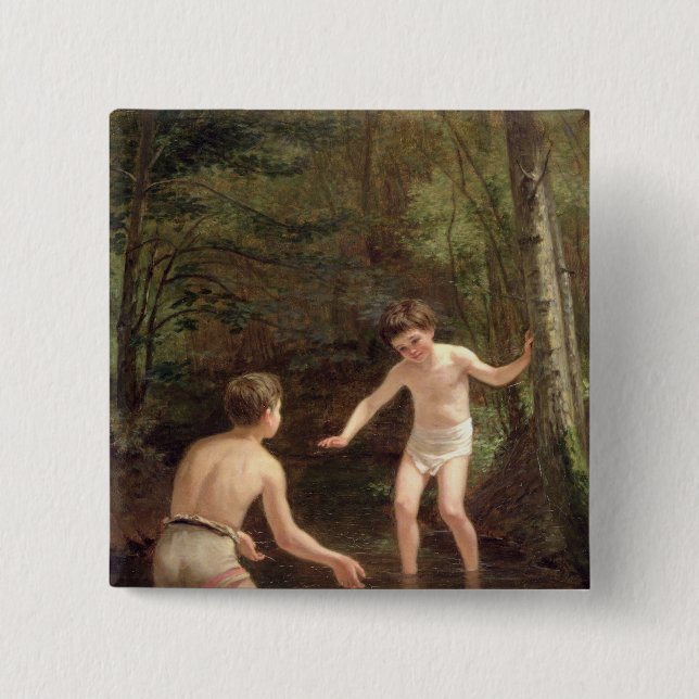 Bathing Boys, 1873 2 Inch Square Button (Front)