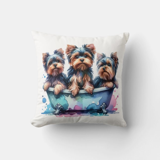 Bathing Yorkies Throw Pillow (Front)