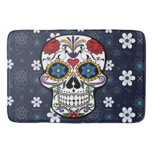 Bathmat Retro blue white flower sugar skull