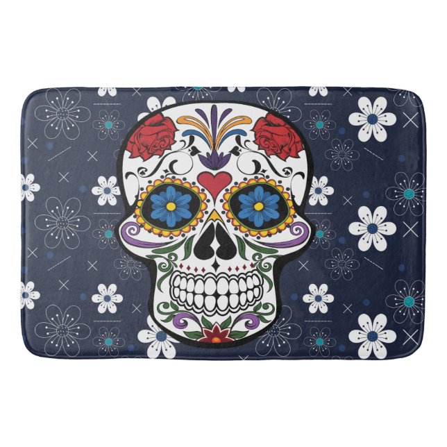 Bathmat Retro blue white flower sugar skull (Front)