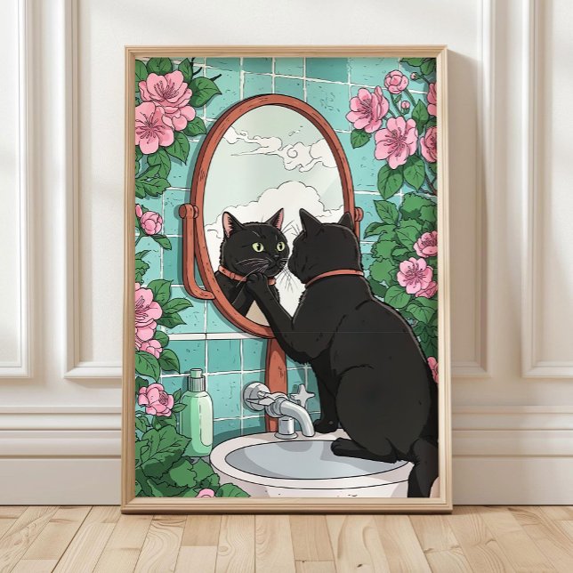 Bathroom Black Cat in Mirror Print, Funny Japanese Poster (Creator Uploaded)