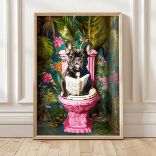 Bathroom Black French Bulldog Reading on Toilet Pr Poster