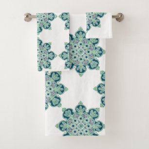  Bathroom Towel Set, green medallions on white