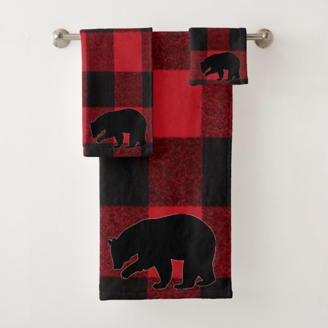 Bathroom Towel Set Red Buffalo Plaid Bear Black (Insitu)