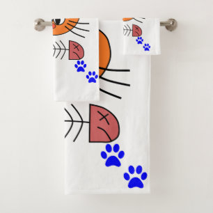 Bathroom Towel Sets Cat Fish Bones Blue Paws