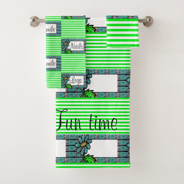 Bathroom Towel Sets Floral Green Stripe (Insitu)