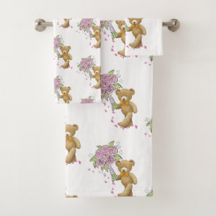 Bathroom Towel Sets Teddy Bear Floral Pink