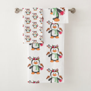 Bathroom Towel Sets Valentine's Day Penguin Hearts
