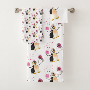 Bathroom Towel Sets Valentine's Day Penguin Hearts