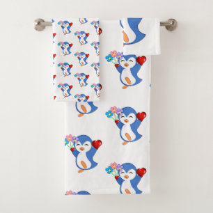 Bathroom Towel Sets Valentine's Day Penguin Hearts