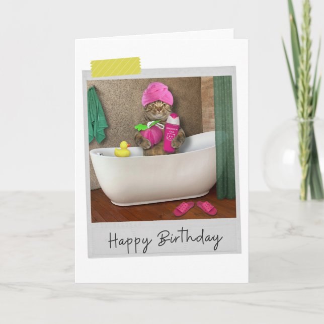 Bathtime Cat Funny Birthday Card (Front)