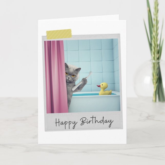 Bathtime Gray Cat Funny Birthday Card (Front)