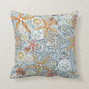 Batik Beach Starfish & Seashell Painting Throw Pillow