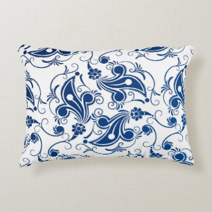 Batik Blue and White Illustrated Floral Pattern Accent Pillow