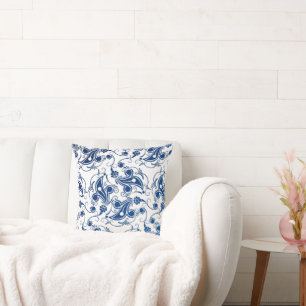 Batik Blue and White Illustrated Floral Pattern Throw Pillow