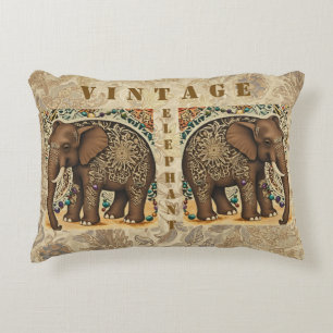 Batik,Elephant,Antique ,Vintage Style, Brown Accent Pillow